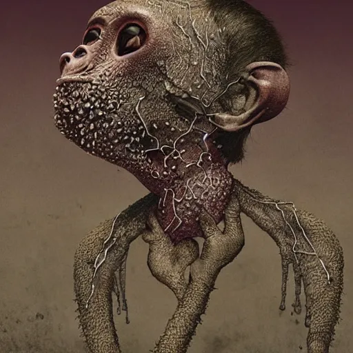 Image similar to measles on a deformed hideous pustule covered monkey, sores, bumps, skin wounds, surface hives, growths, horror, fantasy, highly detailed, by Dan Hillier