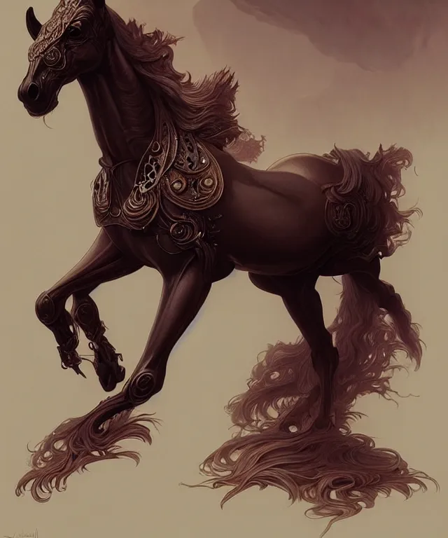 Image similar to anthropomorphic horse, fursona, trending on FurAffinity, dark surrealist , fantasy, intricate, elegant, highly detailed, digital painting, artstation, concept art, smooth, sharp focus, illustration, art by artgerm and greg rutkowski and alphonse mucha