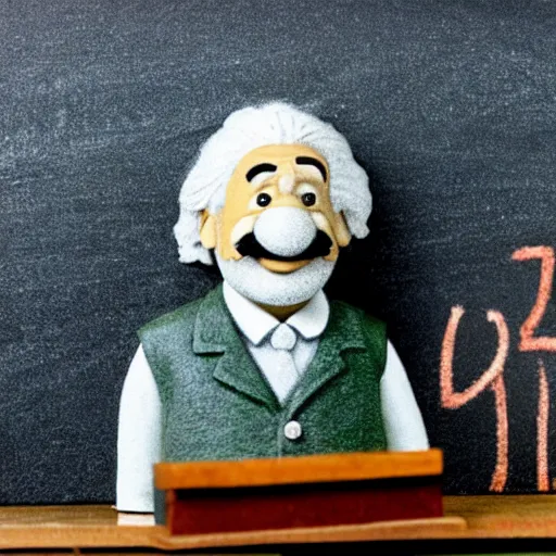 Image similar to claymation miniature scene of albert einstein standing in front of miniature blackboard with lots of mathematical formulas chalked on