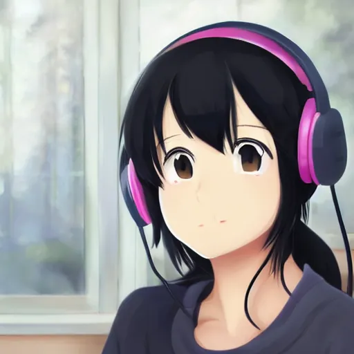 Image similar to Anime portrait painting of a black haired girl wearing headphones while studying in her warm cozy home, by makoto shinkai, relaxed, calm, atmospheric, peacefull, trending on artstation, kimi no na wa