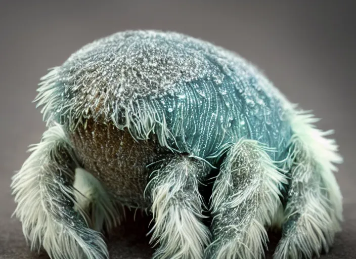 Prompt: a portrait shot of a beautiful tardigrade covered in feathers, front shot. tilt shift photography, extreme dof