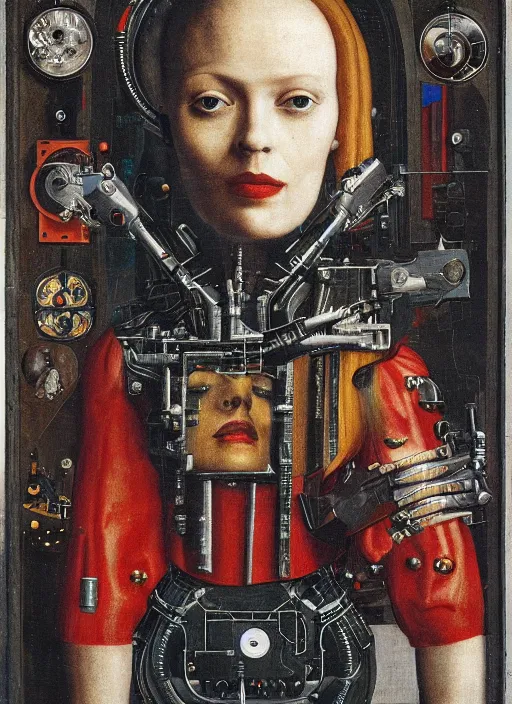 Image similar to a portrait of cyborg queen jacked into a man-machine interface by Jan van Eyck