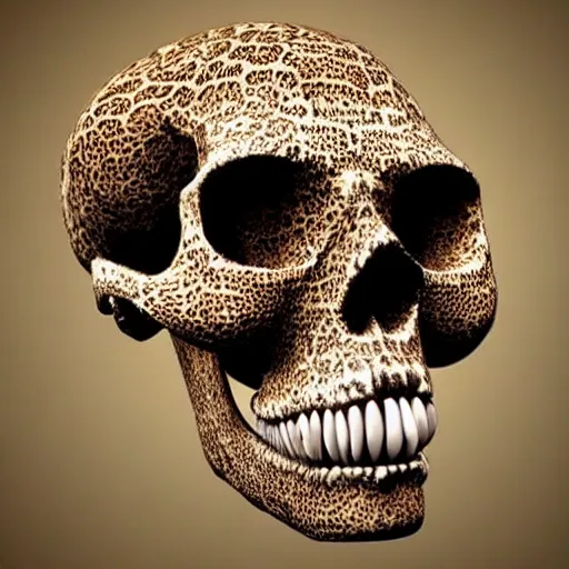 Image similar to Skull that look too much like skull!, I have likened evolution to a search through a very large space of possible organism characteristics!!, an 8k CG character rendering of a spider-like hunting female on its back, fangs extended, wearing a leopard-patterned dress, set against a white background, with textured hair and skin.