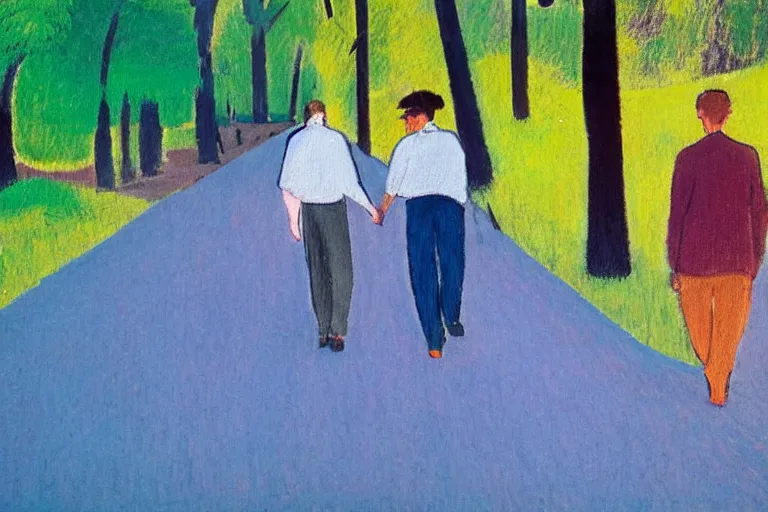 Prompt: a very tall man named John with dark hair holding the hands of a short young boy named Alex with dark hair as they walk down a suburban highway on a bright beautiful colorful day. part in the style of an edgar degas painting. part in the style of david hockney