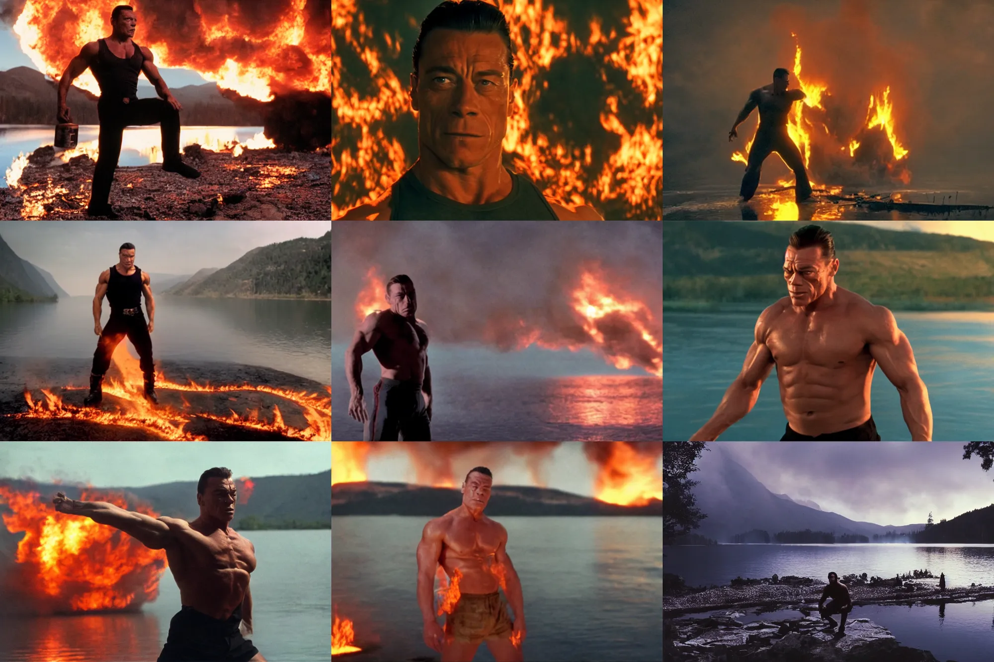 Prompt: a film still of Van Damme Next to a lake on fire, dramatic lighting