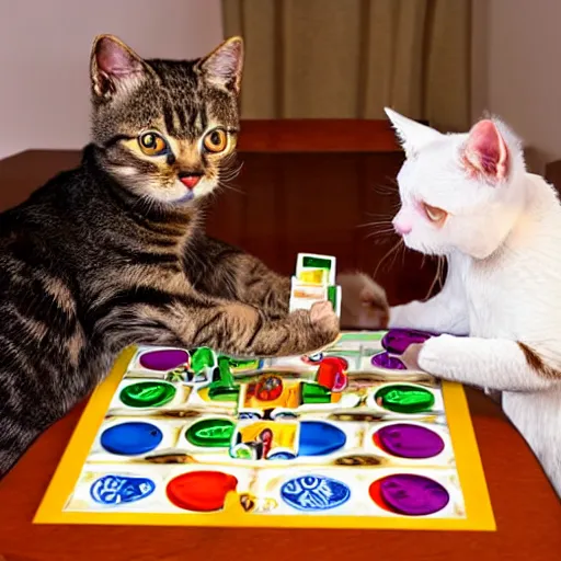 Prompt: Cats sitting at a table playing board games, detailed,