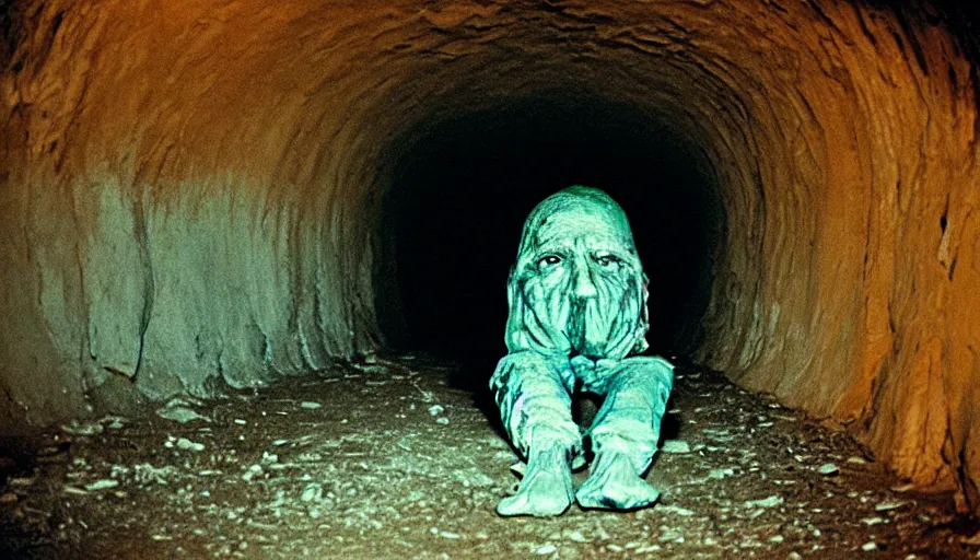 Image similar to 7 0 s movie still of a melting man in a tiny tunnel, cinestill 8 0 0 t 3 5 mm technicolor, heavy grain, high quality, high detail