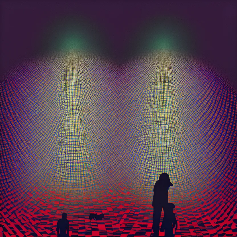 Image similar to closeup of two people standing on top of a checkered floor, an album cover by syd barrett, tumblr, neo - expressionism, darksynth, nightmare, cosmic horror, artstation