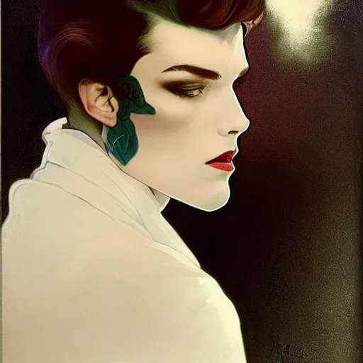 Image similar to beautiful portrait of androgynous ruby rose as desire from sandman in a white tuxedo!!!, rockabilly style, by alphonse mucha, cedric peyravernay, by jeremy mann, by frank moth, white suit and black tie, double picture, soft lightning, high detailed, 8 k