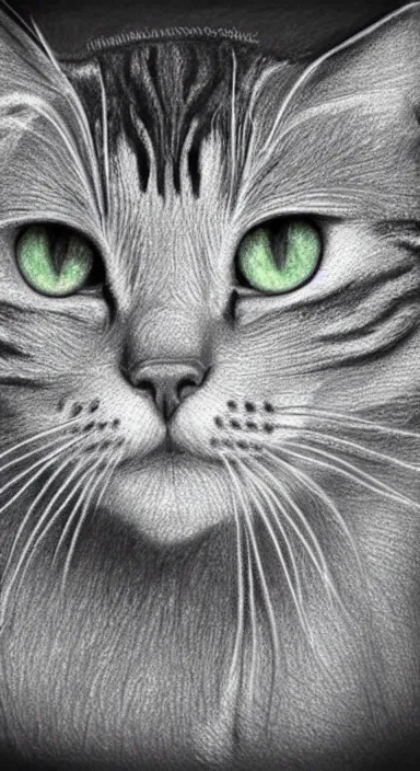 Image similar to highly detailed full body realistic pencil sketch of a beautiful cat with big green eyes in front of the universe