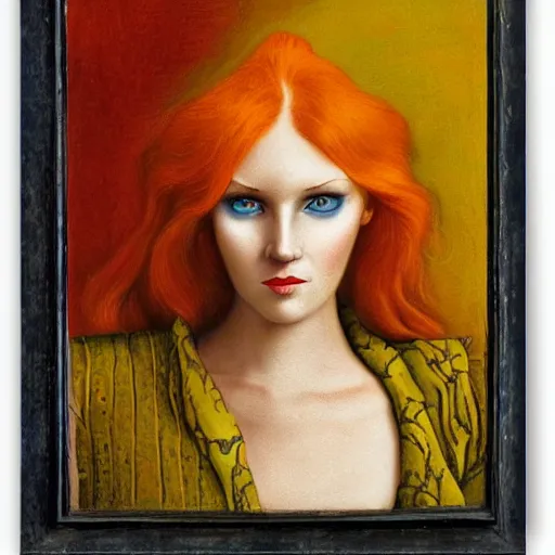 Prompt: Portrait of a beautiful Woman with red hair, yellow eyes by Michael Hutter