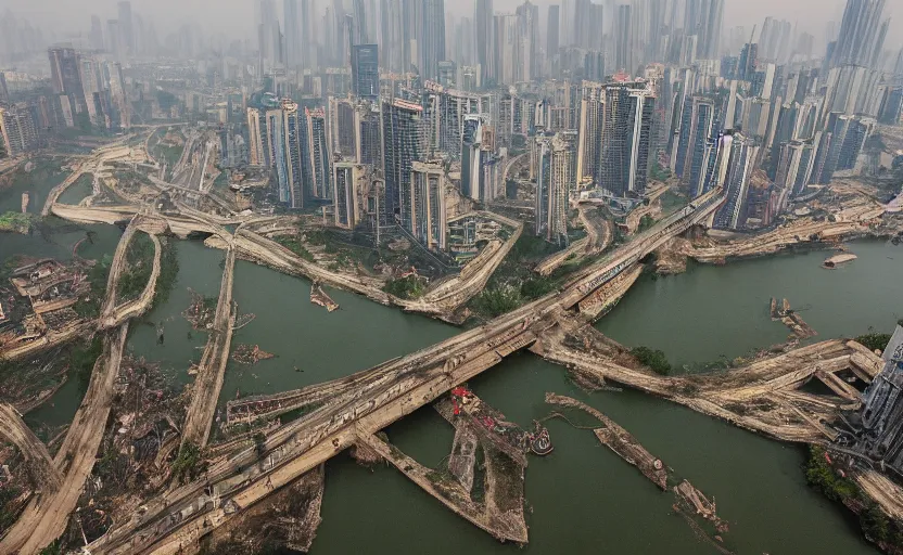 Image similar to a photo of wuhan covered in giant virus and disgusting maggots, slimy river, decrepit bridge, cinematic, 8 k, disturbing, horror, highly detailed