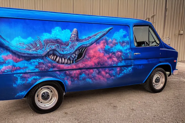 Prompt: a super wide shot photo of a dark blue metallic 1 9 7 2 chevy g 1 0 panel van parked in a garage with an awesome airbrushed scene of a monster made of colorful coral reef emerging from the sea, 8 0 s synthwave, airbrushed, trapper keeper, lightning, explosions, creature design, monster, dinosaur, sony 1 4 mm f 8. 0