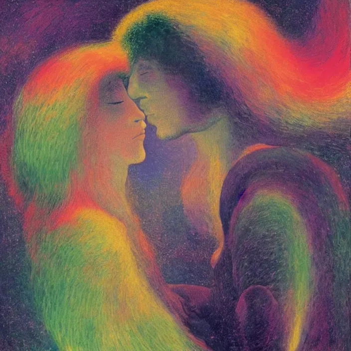 Image similar to close portrait of woman and man kissing. aurora borealis. iridescent, vivid psychedelic colors. painting by bosch, agnes pelton, utamaro, monet