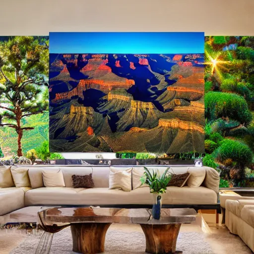 Image similar to fancy treehouse mansion built in a giant cactus on top of plateau with amazing view of sunrise over the grand canyon detailed luminescent oil painting 4 k