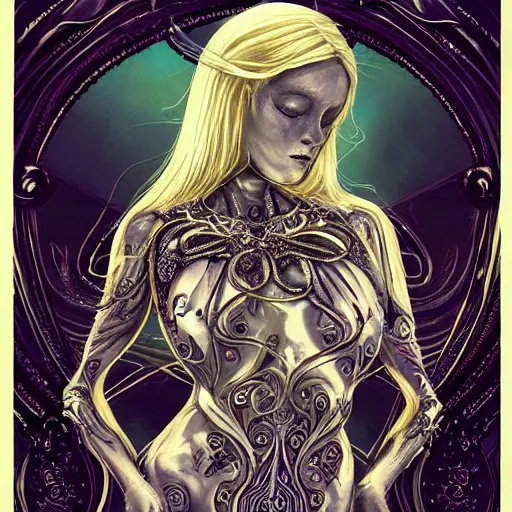 Image similar to blonde girl in a cosmic dress, full-body tattoos, ornate, rococo, grotesque, zbrush art, majestic, organics, silver filigree, colorful, dark fantasy, celtic knot, anatomical, h r giger style, moebius, frank frazetta, ornate, art nouveau, symmetrical, turquoise jewelry, red smoke, roses, unbiased render, rotten, Emil melmoth, eerie, macabre, haunting + insanely detailed and intricate, floral, faded pink, hypermaximalist, elegant, vintage, hyper realistic, super detailed, pastel colors,