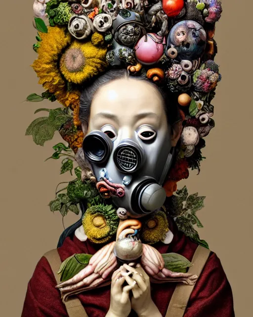 Image similar to a maximalist biomorphic portrait with with large eyes, expressive, wearing a botanical gas mask by arcimboldo, baroque painting by ayami kojima, mark ryden, haunting surrealism by dali, statue, high fashion design, focus on head, soft light, 4 k, octane high quality render