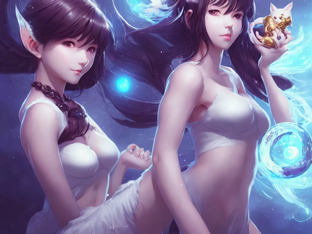 Prompt: lovely summoner girl with her magical animal compaions, occlusion shadow, specular reflection, rim light, unreal engine, artgerm, artstation, art by hiroaki samura and ilya kuvshinov and ossdraws, high quality, intricate detailed 8 k, fantasy illustration, extremely beautiful and aesthetic shape of face and body, movie poster