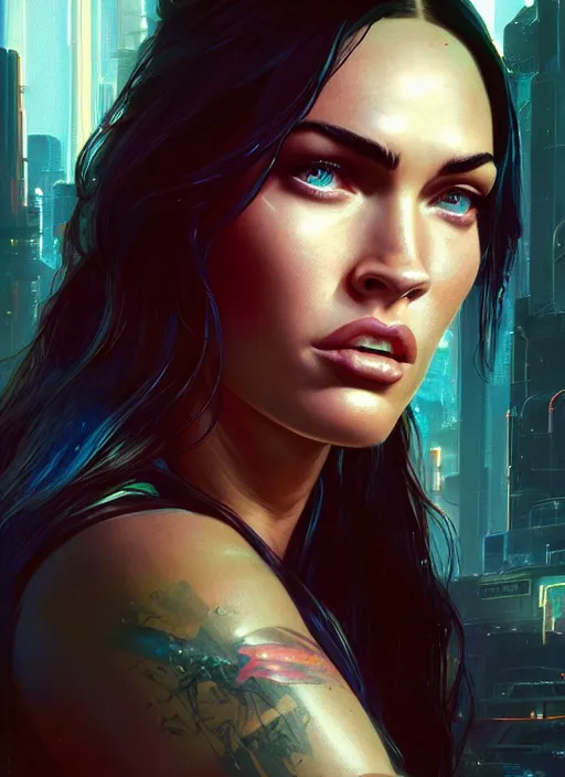 Prompt: highly detailed portrait of megan fox in cyberpunk 2 0 7 7, stephen bliss, unreal engine, greg rutkowski, loish, rhads, beeple, makoto shinkai and lois van baarle, ilya kuvshinov, rossdraws, tom bagshaw, alphonse mucha, global illumination, god rays, detailed and intricate environment