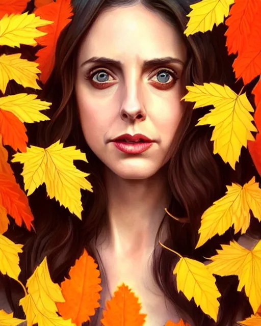 Prompt: gorgeous young Alison Brie, realistic character concept, full body pose, autumn leaves, orange yellow, shorter neck, illustration, symmetrical face and body, realistic eyes, cinematic lighting, detailed realistic symmetrical eyes, artgerm, Joshua Middleton, single face, insanely detailed and intricate, beautiful