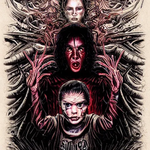 Prompt: Stranger Things dark psychdelic, dark fantasy in the style of Giger and Kubrick