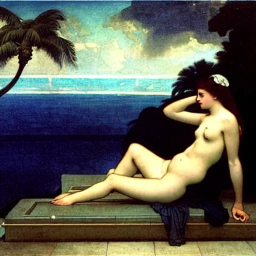 Prompt: Silhouette of two girl at the palace, thunderstorm, greek pool, beach and palm trees on the background major arcana sky, by paul delaroche, alphonse mucha and arnold böcklin arnold böcklin hyperrealistic 8k, very detailed