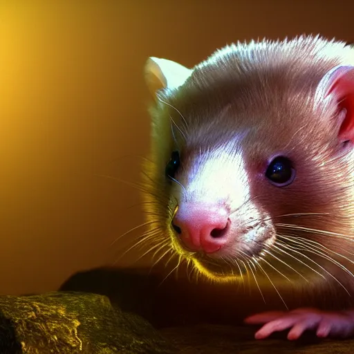 Image similar to ferret as lord of hampstershire hyper real, 8k, colorful, 3D cinematic volumetric light, atmospheric light