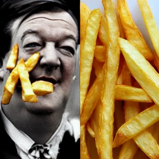 Prompt: [ french fries ] as ( stephen fry ) hybrid intercross mix