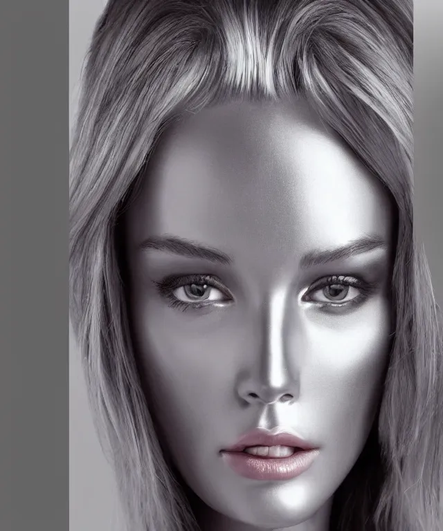 Prompt: realistic portrait of a silver robot is watching tv and tv displays a victoria's secret model in detail and the robot's face is partially moprhed into an exact copy of the model, realistic, 4 k