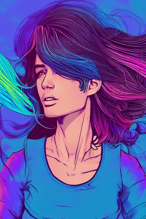 Image similar to a award winning half body portrait of a beautiful woman with stunning eyes in a printed croptop and cargo pants with rainbow colored ombre hairstyle head in motion and hair flying by josan gonzales, outrun, vaporware, shaded flat illustration, digital art, trending on artstation, highly detailed, fine detail, intricate