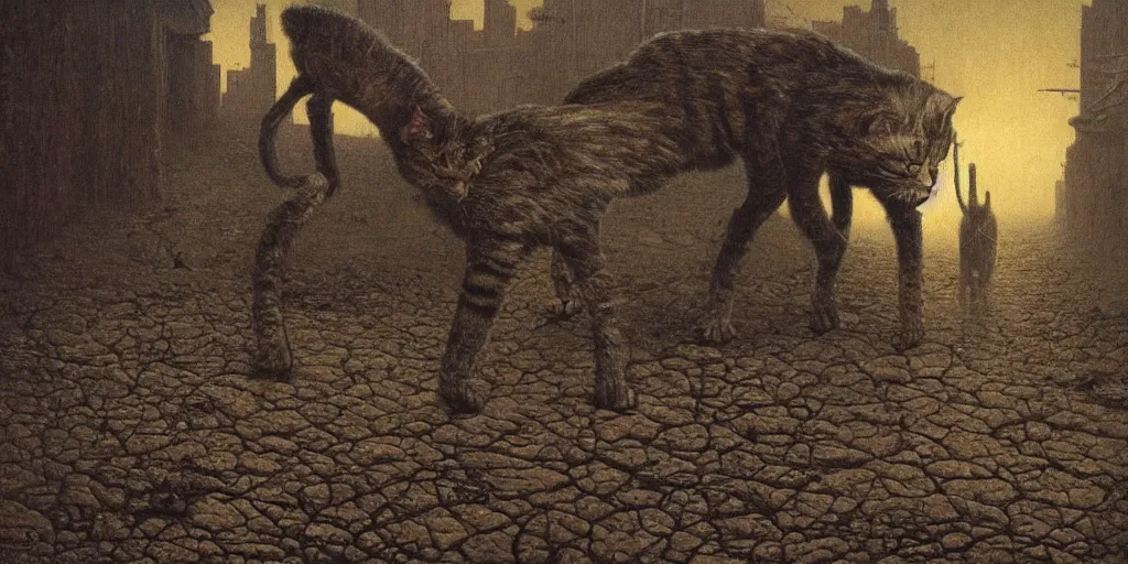 Prompt: cyberpunk demon kitten walking in a dystopian wasteland, Beksinski, MC Escher