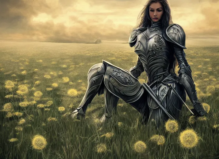 Image similar to a knightess kneeling on a field of dandelions, dramatic, wonderful shading, realistic perfect face, concept art, dynamic pose, digital illustration, trending on artstation, intricate details, epic composition, sharp focus, 8 k uhd, masterpiece, wlop, ross draws