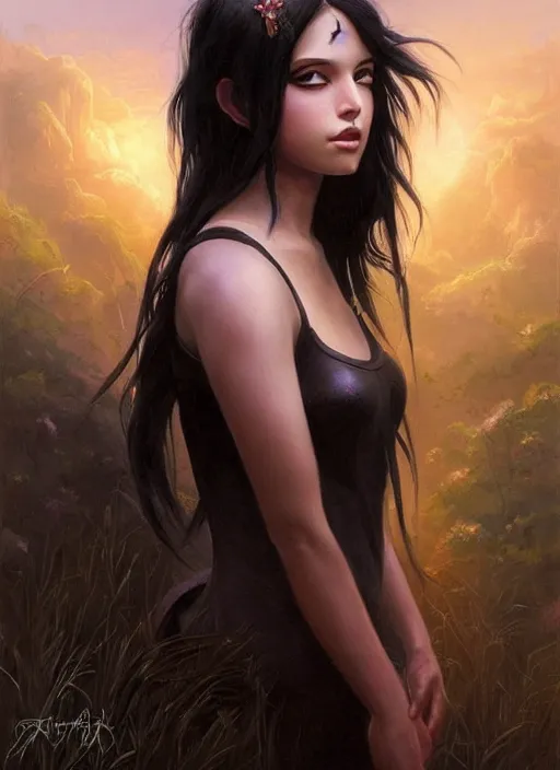 Image similar to girl with iridescent black hair, beautiful highly detailed face, complementary lighting, backlit, eyeshadow, divine, dramatic lighting, landscape background, beautiful painting by artgerm and greg rutkowski and raymond swanland