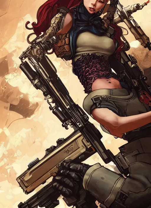 Image similar to 8K, realistic Lady Mechanika in a Comic Book cover, holding a shotgun, and wearing by Artgerm and Katsuhiro Otomo, trending on artstation, featured in Deviantart, Wallpaper, sharp focus, D&D, detailed, intricate, cinematic lighting,