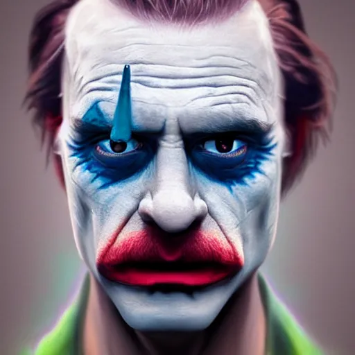 Prompt: cinematic portrait of steve from blue's clues as the joker, perfect face, neon rain, moody, elegant, by alyssa monks, highly detailed, symmetrical face, fine details, masterpiece, trending on artstation