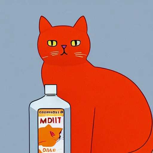 Image similar to a cat standing next to a bottle of medicine. orange cat. animal. digital art. artstation. illustration. wide image.