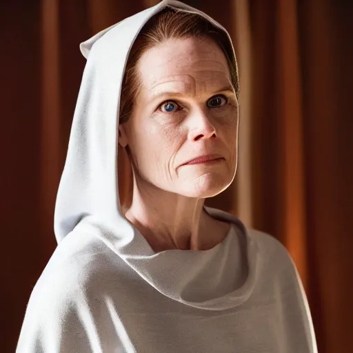 Prompt: Portrait photo of Amy Coney Barrett as a character in movie The Handmaid's Tale, studio lighting, 85mm f/1.4