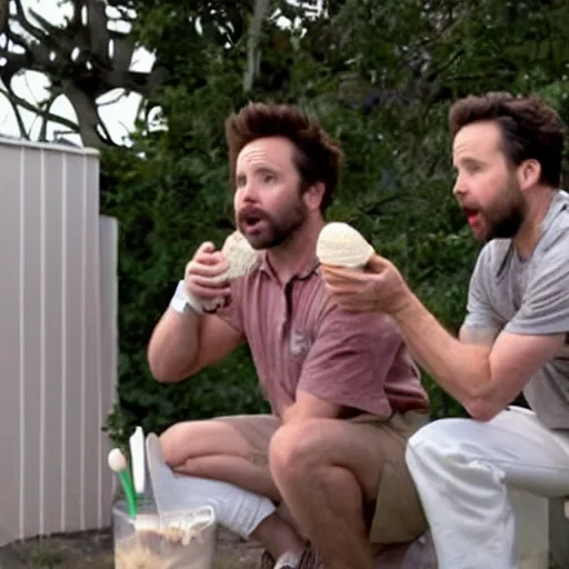 Image similar to Charlie Day and Rob McElhenney, kneeling down eating ice cream out of a white toilet bowl together, norman Rockwell