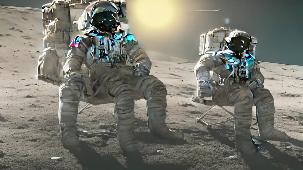 Image similar to A highly photographic render of astronaut on the Moon, sitting on a lawn chair reading a book facing planet Earth, rim lighting, cinematic lighting, octane engine, photo realistic image, 4K, super detailed, cinematic look