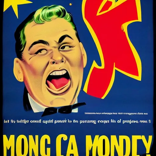 Image similar to 1 9 5 0 american propaganda poster warning the danger of money, featuring a grinning chubby dude in suit