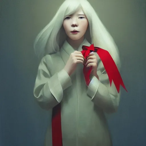 Image similar to Portrait of a japanese young lady with a long white!!!!!!! long white hair and a red ribbon, Rim Lighting, Lantern, by Sergey Kolesov