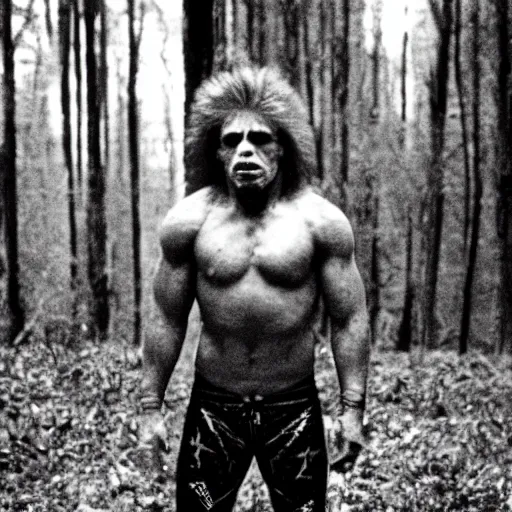 Image similar to the ultimate warrior pro wrestler in the blair witch project, movie still,