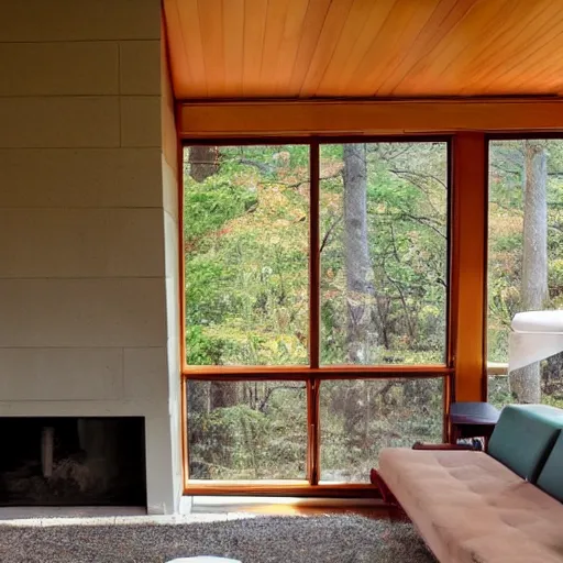 Image similar to mid century living room sunken into the ground, fireplace, big windows, frank lloyd wright