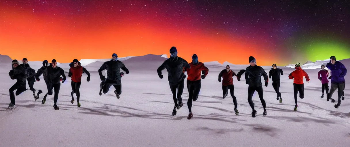 Image similar to a creepy dimly lit hyper detailed photo realistic vivid close up photograph of a group of six people running at night in antarctica running through mcmurdo station base screaming oh my god terror shadows evil darkness aurora borealis
