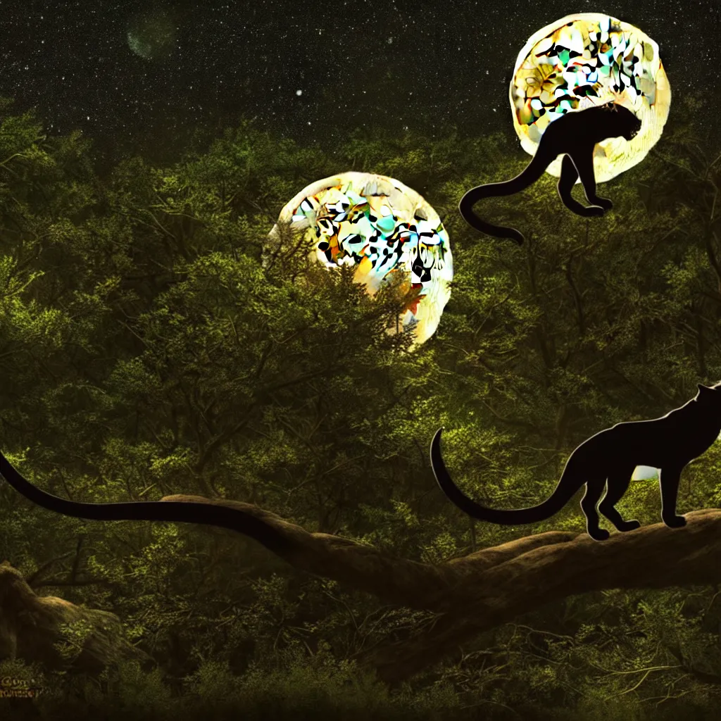 Image similar to a panther roaring at the moon in a forest during the night, large moon in the center. high quality. artistic. illustration. 4 k. cinematic. photoreal. highly detailed. dramatic. dark colors. night.