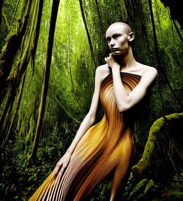 Image similar to photography portrait of one female fashion model in rainforest, wearing one organic futurist dress designed by iris van herpen,, photography by paolo roversi nick knight, helmut newton, avedon, and araki, sky forest background, natural pose, highly detailed, skin grain detail