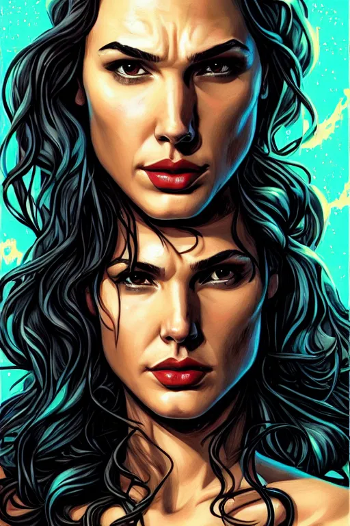 Prompt: a portrait of sexy gal gadot with long hair, drawn by robbie trevino and dan mumford, poster, digital art, comic art, concept art,, single head, no double head,