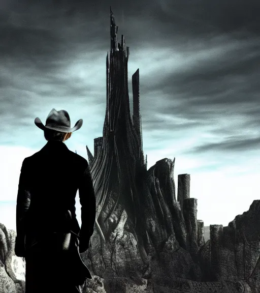 Image similar to hd pro wideangle movie photo of gunslinger standing near darktower dramatic Leica Zeiss cinematic noir frank Miller giger trending on Flickr artstation