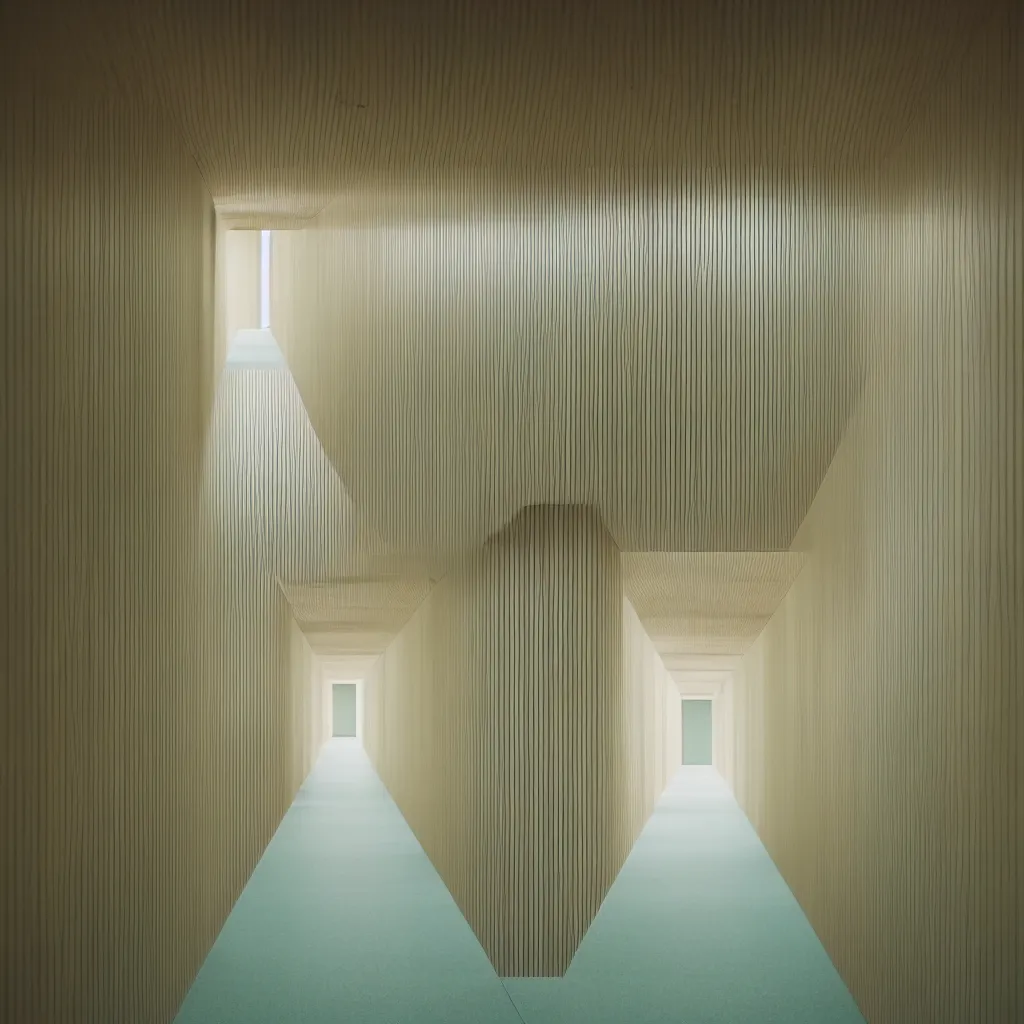 Image similar to photograph of a hallway in the style of Wes Anderson, Tadao Ando, architecture magazine, dezeen, 50mm, pentax, film