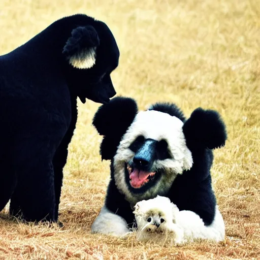 Image similar to a photo of a black poodle dog and a panda together,